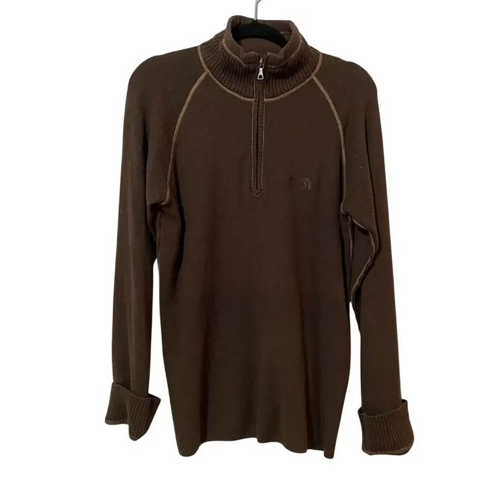The North Face Brown Knit Quarter Zip Sweater Mens M Cotton Wool Blend Fall